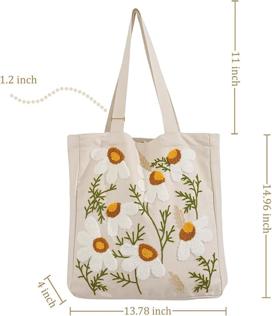Aesthetic Embroidery Tote Bag for Lady Cute Reusable Canvas Shoulder Bag for Girls Women Shopping Grocery