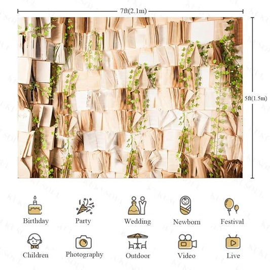 7x5FT Book Photography Backdrop Vintage Book Green Leaves Backdrop for Kids Adults Birthday Baby Shower Party Decorations Supplies KUBDJ942