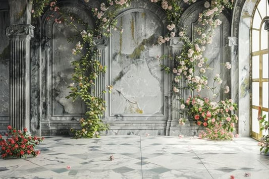 7x5ft Countryside Wedding Flowers Backdrop Vintage Pink Wildflower Old Palace Wall Photography Background for Valentines Day Bridal Shower Birthday Mothers Day Princess Couples Portraits