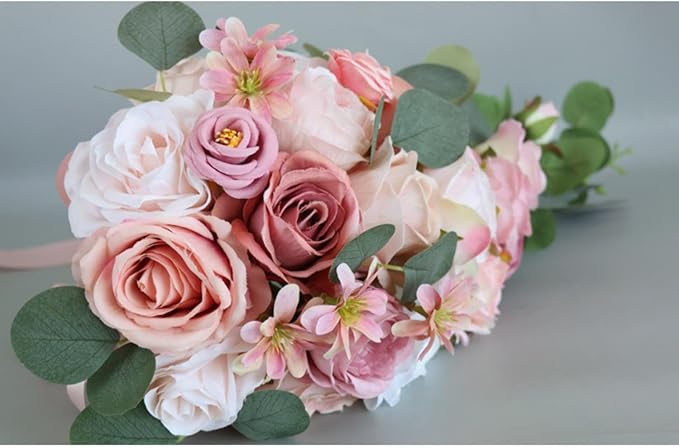 Wedding Bouquet for Bride, Bean Paste Pink Waterfall Bridal Bouquet for Bride Artificial Roses Flowers Cascading Bouquet for Wedding Ceremony Anniversary Party Bridal Shower Decoration