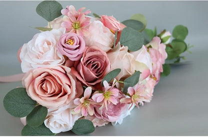 Wedding Bouquet for Bride, Bean Paste Pink Waterfall Bridal Bouquet for Bride Artificial Roses Flowers Cascading Bouquet for Wedding Ceremony Anniversary Party Bridal Shower Decoration