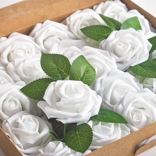 homEdge Artificial Rose, 25pcs Foam Artificial Flowers with Stem for Home Decorations, Wedding Bouquets, Party, Certerpieces, Anniversaries-White