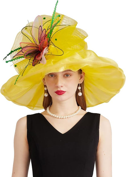 Organza Derby Hats for Women Wide Brim Fascinator Hat Rose Flower Wedding Tea Party Hat