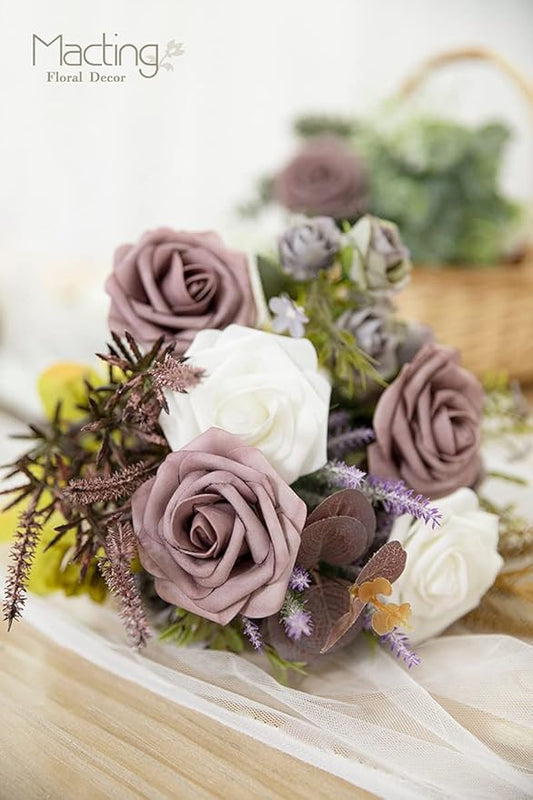 MACTING Artificial Rose Flowers 30PCS Real Touch Fake Flowers with Stem Soft Foam Roses for DIY Wedding Bouquets Table Centerpieces Baby Shower Party Spring Home Valentines Day Decor,Dusty Purple Pink