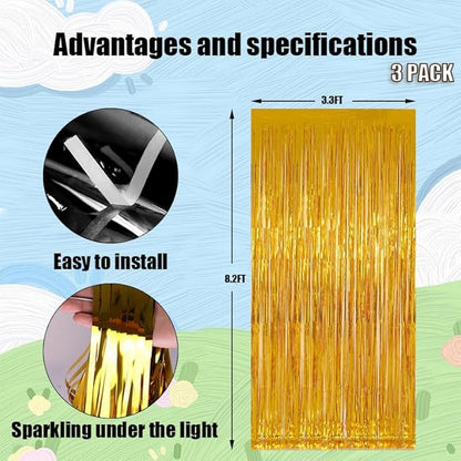 Keyali 3 Pack 3.3 * 8.3 ft Foil Curtain Metallic Tinsel Fringe Curtains Photo Booth Props Backdrop for Birthday Wedding Engagement Baby Shower Christmas Holiday Celebration Partyl,Gold