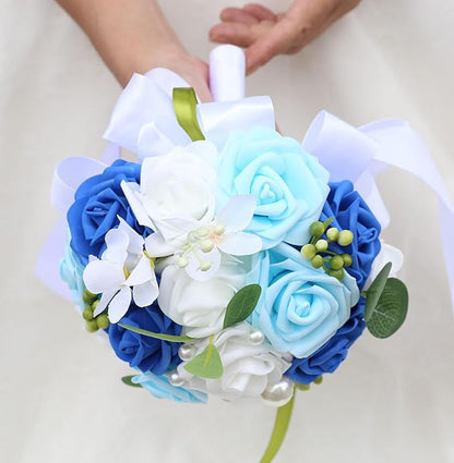 Lightweight Bridal Wedding Bouquet Round Holding Bouquet Throw Toss Artificial Rose Flower Bunch for Bride Bridesmaid Wedding Quinceanera (White, Royal Blue & Light Blue, 6.7")