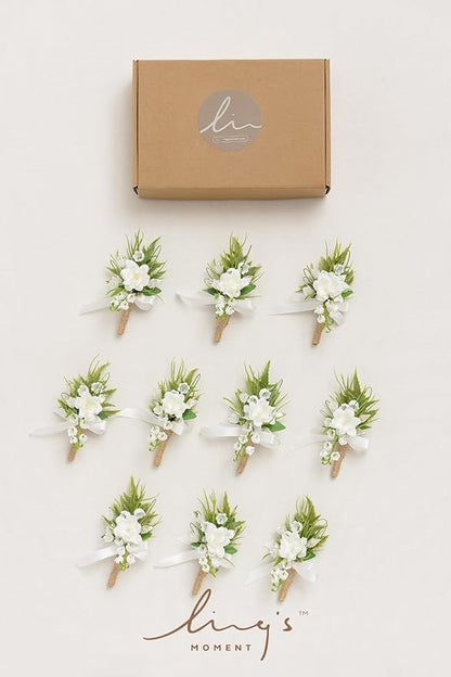Ling's Moment Boutonniere for Men, 10pcs Groomsmen Guest Boutonniere, Artificial Flowers for Wedding Décor/Prom/Homecoming,etc.White Lily Valley