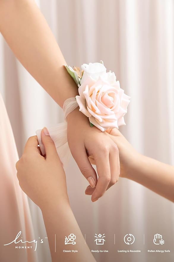 Ling's moment 6pcs Wedding Wrist Corsage Artificial Flowers, Girl/Mother Homecoming Prom Corsages Wristlet Décor, etc. Peach Pink
