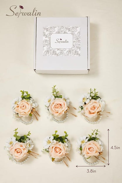 Serwalin 6 PCS Champagne Rose Wrist Corsages Wristlet for Wedding, Corsages for Prom Party Homecoming Corsage Hand Decor for Bride Bridesmaids, Mother of Bride and Groom
