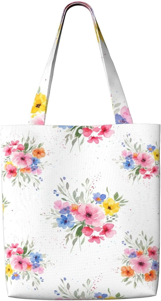 Canvas Tote Bag, Floral Bouquet Aesthetic Cute Girls Women Reusable Grocery Shopping Shoulder Bags for Book, Travel, Work