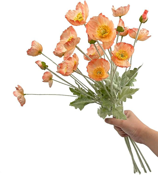 Set of 6 Poppies Flowers Artificial Silk Flowers with Long Stems Faux Wildflowers Bouquet for Vases Oil Pastel Style for Wedding Party Indoor Home Office Decor (Gradient Coral)