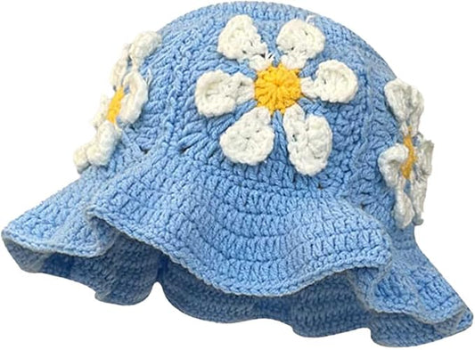 Crochet Bucket Hat for Women Flower Knit Hat Hollow Out Foldable Cap Hats