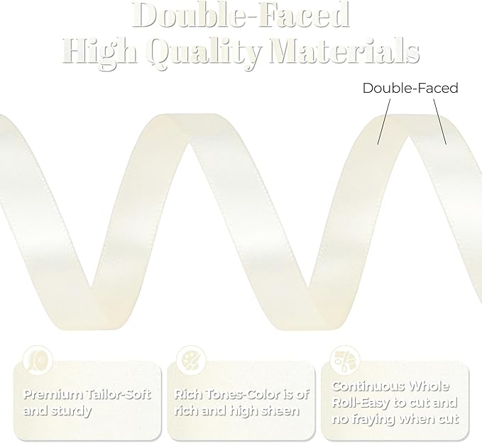 Ivory Satin Ribbon, Double Faced 3/8 Inch X 50 Yards Ivory Ribbon, Premium Satin Ribbon for Gift Wrapping, Crafts, Hair Bow Making, Sewing, Flower Bouquet, Wedding Party Decor