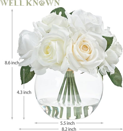 WELL KNOWN Artificial Flowers with Vase, Silk Rose Artificial Flowers Table Centerpieces with Faux Water for Home Decoration Fake Roses Flower Arrangements for Table Decor (White&Green)