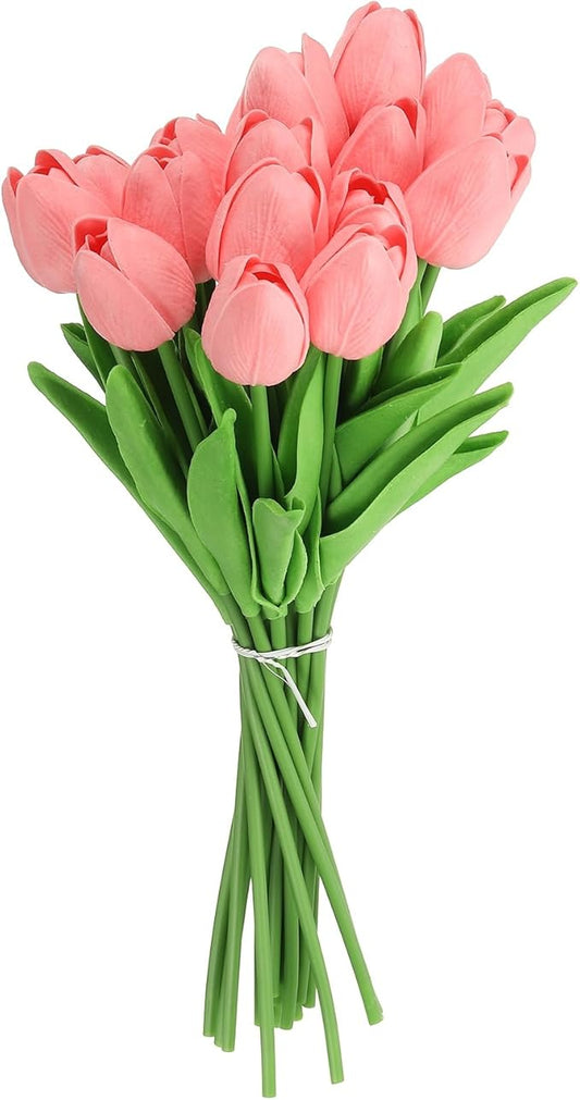 uxcell 20pcs Tulips Artificial Flowers, Faux Flowers Silk Fake Tulip Stems Real Touch for Wedding Bouquet Centerpiece Table Party Decoration(Love Pink)