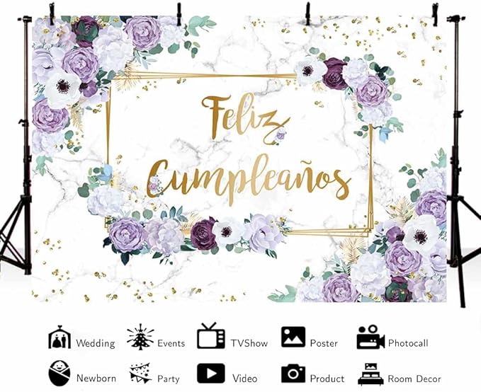 MEHOFOND 10x7ft Feliz cumpleaños Backdrop Purple and White Flower Birthday Photography Background Girl Geometric Gold Glitter Dots Birthday Floral Party Decorations Cake Smash Decor Studio Photo Props
