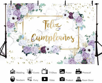 MEHOFOND 8x6ft Feliz cumpleaños Backdrop Purple and White Flower Birthday Photography Background Girls Geometric Gold Glitter Dots Birthday Floral Party Decorations Cake Smash Decor Studio Photo Props