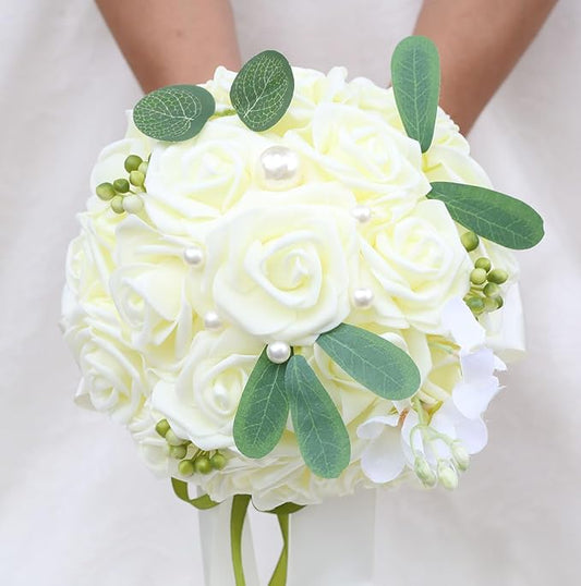 Lightweight Bridal Wedding Bouquet Round Holding Bouquet Throw Toss Artificial Rose Flower Bunch for Bride Bridesmaid Wedding Quinceanera (Cream, 9.1")