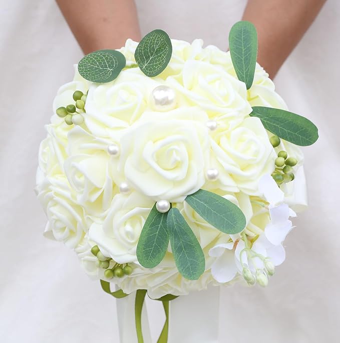 Lightweight Bridal Wedding Bouquet Round Holding Bouquet Throw Toss Artificial Rose Flower Bunch for Bride Bridesmaid Wedding Quinceanera (Cream, 7.9")