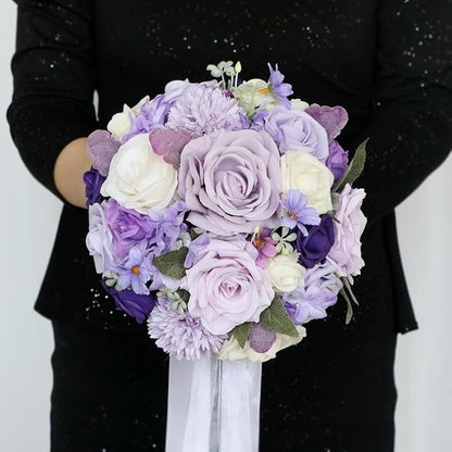 S_SSOY Wedding Bouquet Bride,Bride Bridal Bouquet Bridesmaid Artificial Flowers for Ceremony Anniversary Party Bridal Shower Decoration Wedding Bouquets (Lilac Purple)