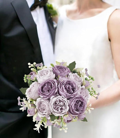 Mkono Peonies Artificial Flowers, Small Silk Flowers for Home Decor Indoor Fake Bouquet Faux Floral Arrangements Dining Table Centerpieces for Kitchen Bridal Wedding Party Decor Purple