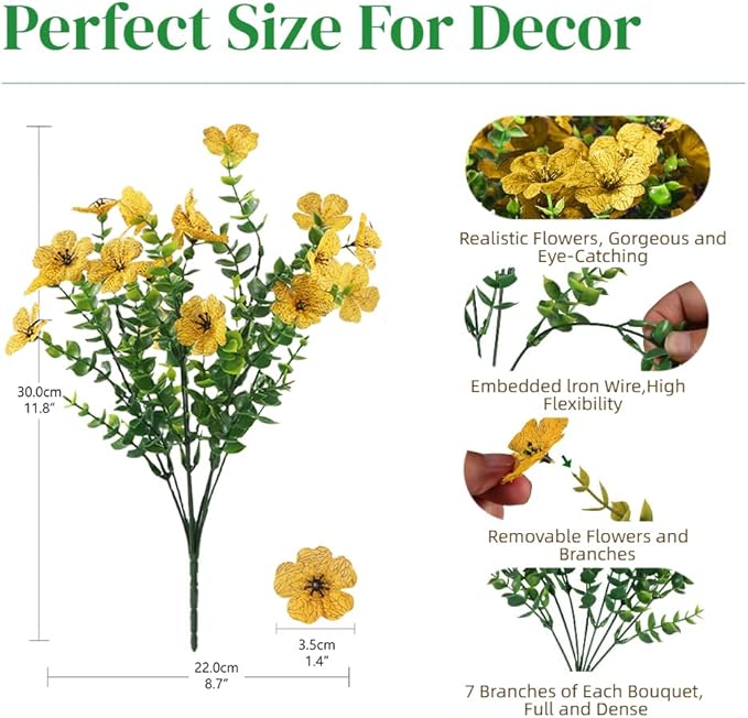 12 Bundles Artificial Flowers for Outdoor, UV Resistant Faux Mums with Eucalyptus Leaves Fake Plants for Outdoor Planters Greenery Boxwood Porch Patio Decoration