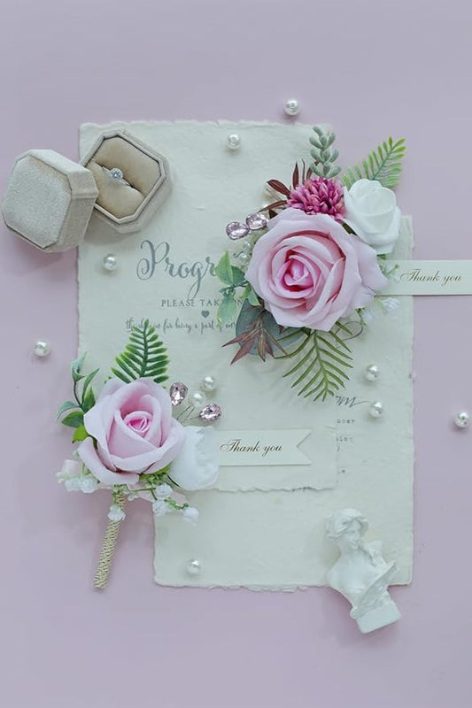 Pink Corsage and Boutonniere Set, Prom Wedding Homecoming Wrist Corsage Wristlet and Boutonniere Set for Grooms Groomsmen Guest Bridal Bridesmaid Artificial Flower Suit Decoration