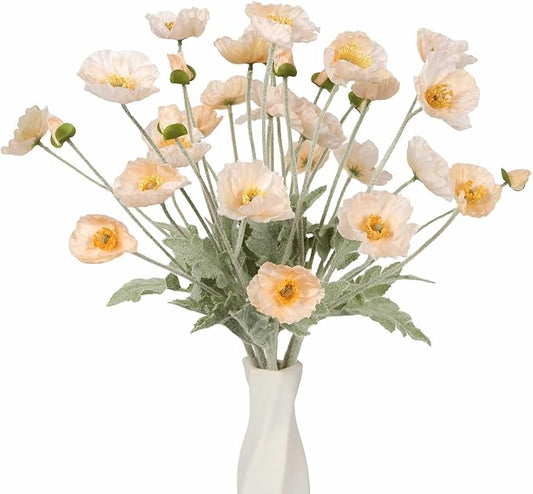 8PCS Champagne Artificial Poppy Flowers 22.8" Fake Silk Poppies Flowers with Stems for Wedding Party Table Centerpiece Home Decor(Champagne)