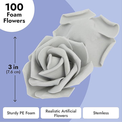 Bright Creations Artificial Flowers Foam Roses - 100-Pack, 3-Inch Grey Polyethylene Flower Heads - Bulk Grey Stemless Roses for DIY Crafts & Centerpieces