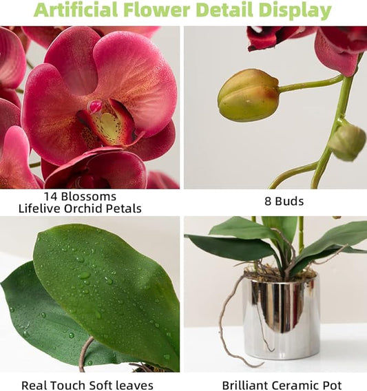 Artificial Orchid Flowers Fuchsia Faux Orchids with Ceramic Vase Vivid Fake Phalaenopsis Flower Arrangement Gorgeous Artificial Plants for Office Desk Wedding Party Exhibition Center&Home Table Decor