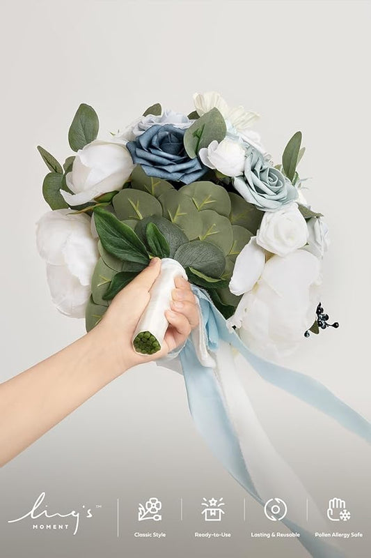 Ling's moment Dusty Blue Bridal Bouquet for Bride, Blue Wedding Bouquets for Bride, 13 Inch Silk Round Artificial Wedding Flowers Bouquets