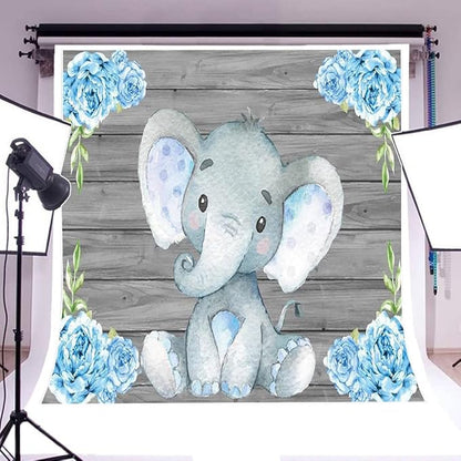 AOFOTO 8x8ft Elephant Rustic Grey Wooden Backdrop for Boy Baby Shower Watercolor Blue Floral Cartoon Animal Gender Reveal Photography Background It's a Boy Newborn Kids Birthday Party Decoration
