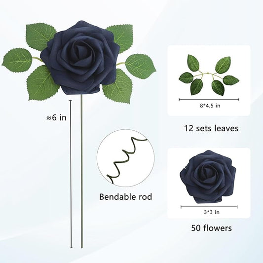 JOYLEX 50Pcs Navy Blue Artificial Flowers Realistic Roses, Real Looking Fake Roses with Stem for DIY Wedding Bouquets Centerpieces Bridal Shower Party Home Romantic Decorations (Navy Blue, 50pcs)