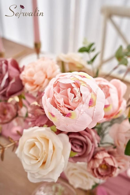 Serwalin 2 Pcs Artificial Flowers Pink Wedding Cake Flowers, Fake Dusty Roses Peonies for Bouquets Table Centerpieces Wedding Home Decor, Baby Shower Party Flowers with Stems DIY Combo