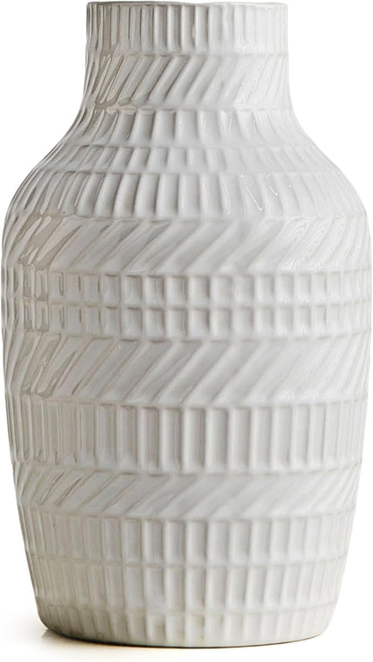 Modern White Ceramic Vase, Boho Flower Vases for Decor, 5.1" W x 8.7" H Modern Vase with Textured Pattern Table Centerpiece for Living Room Office Bedroom (White Vase)