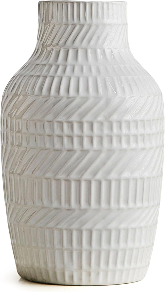 Modern White Ceramic Vase, Boho Flower Vases for Decor, 5.1" W x 8.7" H Modern Vase with Textured Pattern Table Centerpiece for Living Room Office Bedroom (White Vase)