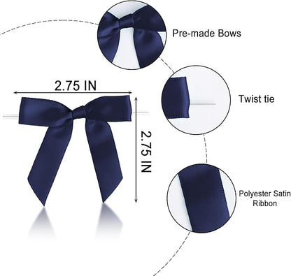 50 PCS Navy Blue Twist Tie Bows 2.5" Satin Ribbon Bows Decor for Gift Wrapping Craft Treat Bags Cake Pop Basket, Wedding Baby Shower Birthday Party Favors
