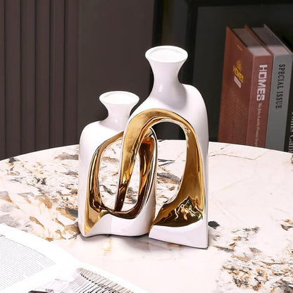 2 Pieces White Gold Ceramic vase Set Home Ceramic Decorative vase furnishings Abstract Decorative vase Office Centerpiece Decoration Suitable for Bookshelves, Fireplace