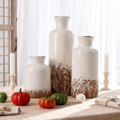 Gray Ceramic Farmhouse Vase Set of 3 – Rustic Small Vases, Vintage Country Style Decorative Vases for Flowers, Home Decor for Living Room, Table, Mantle, Fireplace & Entryway Centerpieces