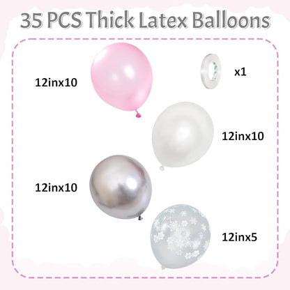 Pink and Silver Balloons 12 Inch Winter Onederland Snowflake Balloon Pearl Pink White Silver Metallic Latex Party Balloons for Winter Christmas Wonderland Girl Birthday Baby Shower Decorations