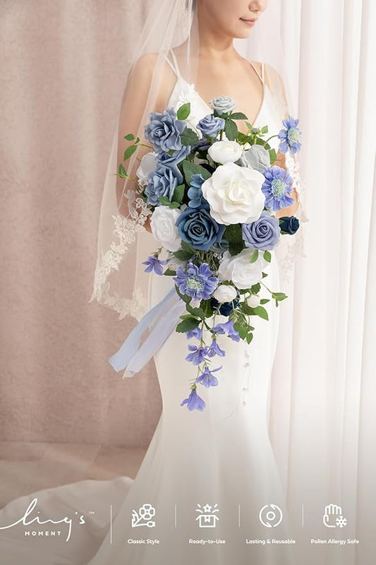 Ling's moment Dusty Blue Bridal Bouquet Cascading, Blue Wedding Bouquets for Bride, 13 Inch Bride Bouquets for Wedding Artificial Flowers Bouquets