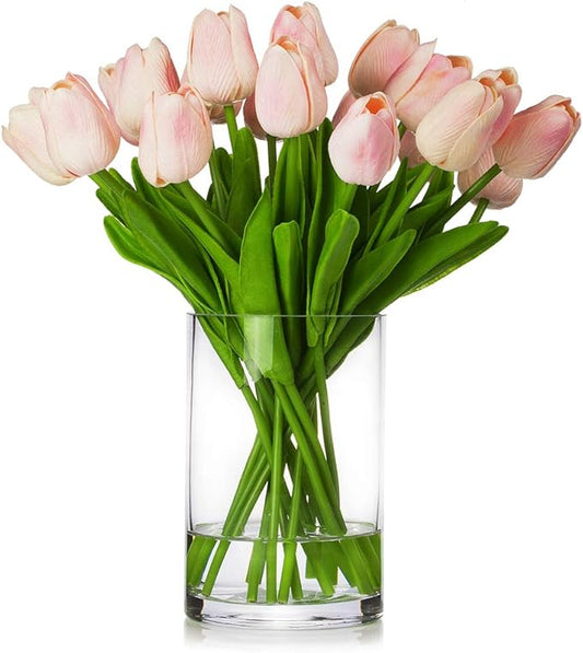 ENOVA HOME 20 Pieces Artificial Real Touch Tulips Flower Arrangement in Glass Vase with Faux Water for Home Decoration (Pink)