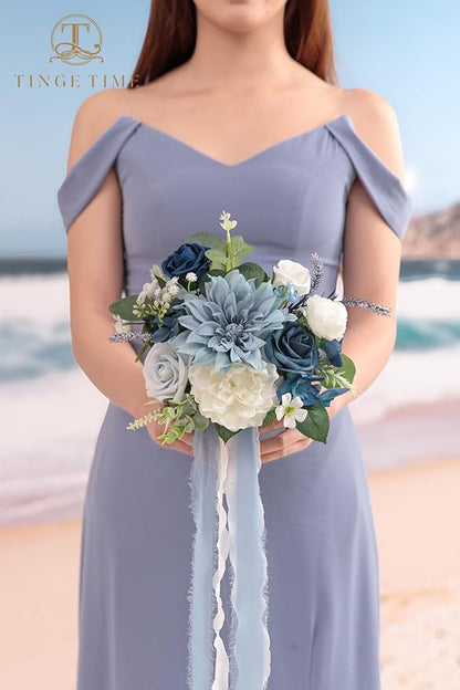 TINGE TIME 7inch Wedding Bouquets for Bridesmaid, Artificial Flowers Cascading Bridal Bouquet for Wedding (DarkBlue, Set of 4)