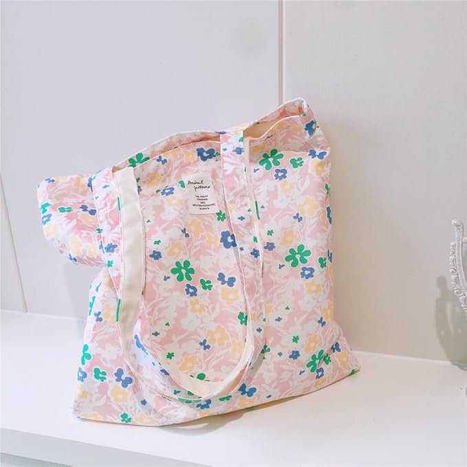 Cotton Canvas Tote Bag Reusable Soft Grocery Cloth Bag Floral Shoulder Bag for Beach Travel Shopping