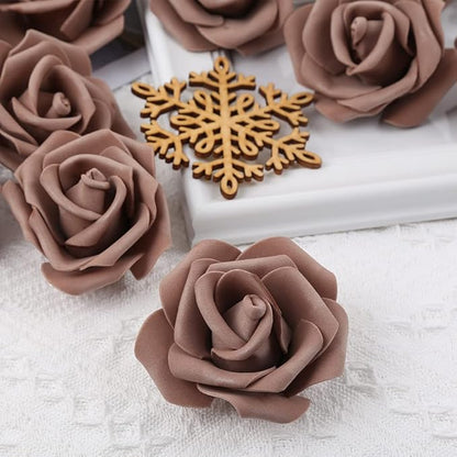 Artificial Rose Flower Heads, 100pcsDark Brown Roses Artificial Flower Foam Rose for DIY Wedding Bouquets Centerpieces Arrangements Party Baby Shower Home Decor (Stemless,Dark Brown)