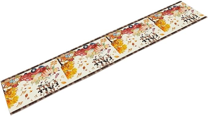 Fall Pumpkin Table Runner,Rustic Maple Yellow Leaf Trees Truncks Brown Plaid Tablecloth Burlap for Hotel Indoors Outdoor Dining Room Kitchen Home Decor,W13X L36 in