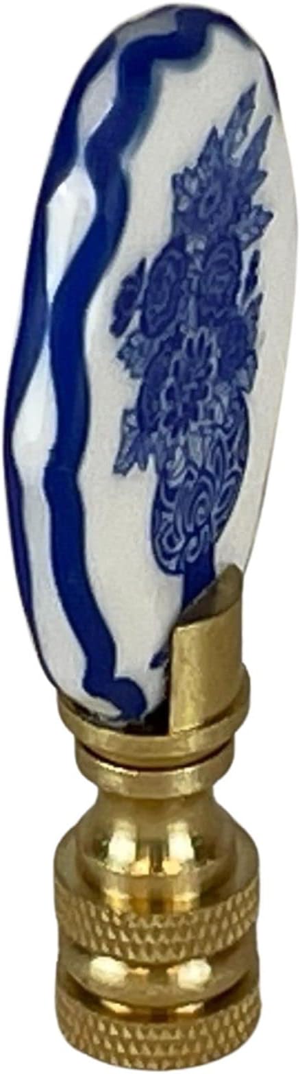 Royal Designs, Inc. Porcelain Oval Birds Design Finial for Lamp Shade, Polished Brass, Blue & White, Pack of 2