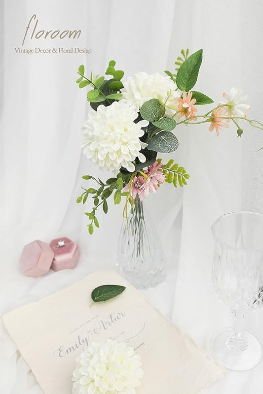 Floroom Artificial Dahlia Flowers 25pcs Real Looking Ivory Foam Fake Roses with Stems for DIY Wedding Bouquets White Bridal Shower Centerpieces Floral Arrangements Party Tables Home Decoration