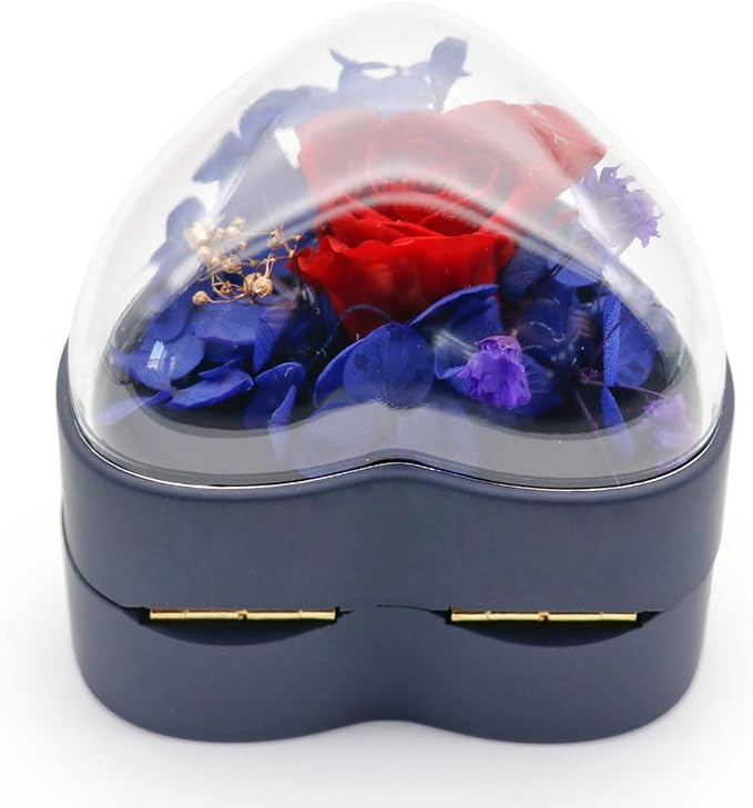 Preserved Flower Rose Ring Box, Heart Shape Velvet Jewelry Box for Valentine's Day Mother's Day Wedding Anniversary Birthday Gift, Dark Blue