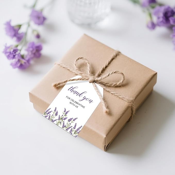 G2PLUS 50Pcs Lavender Thank You Tags - Floral Gift Tags with String, Thank You for Celebrating with Us Tag, White Paper Party Favors Hangtag for Wedding, Baby Shower, Bridal Shower, Birthday